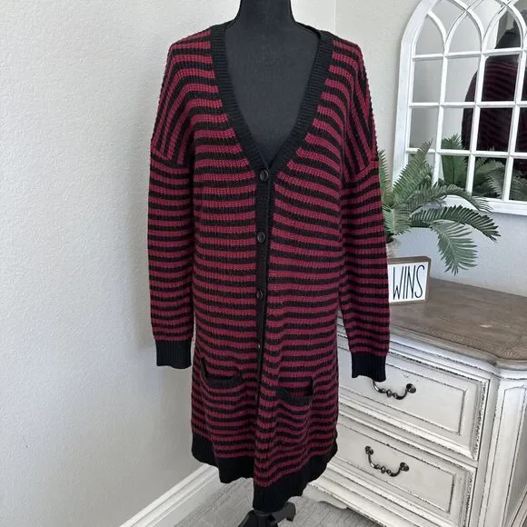Hot Topic Long Cardigan Sweater, Red, Black, Striped Emo Size Medium Button Down - Picture 1 of 14